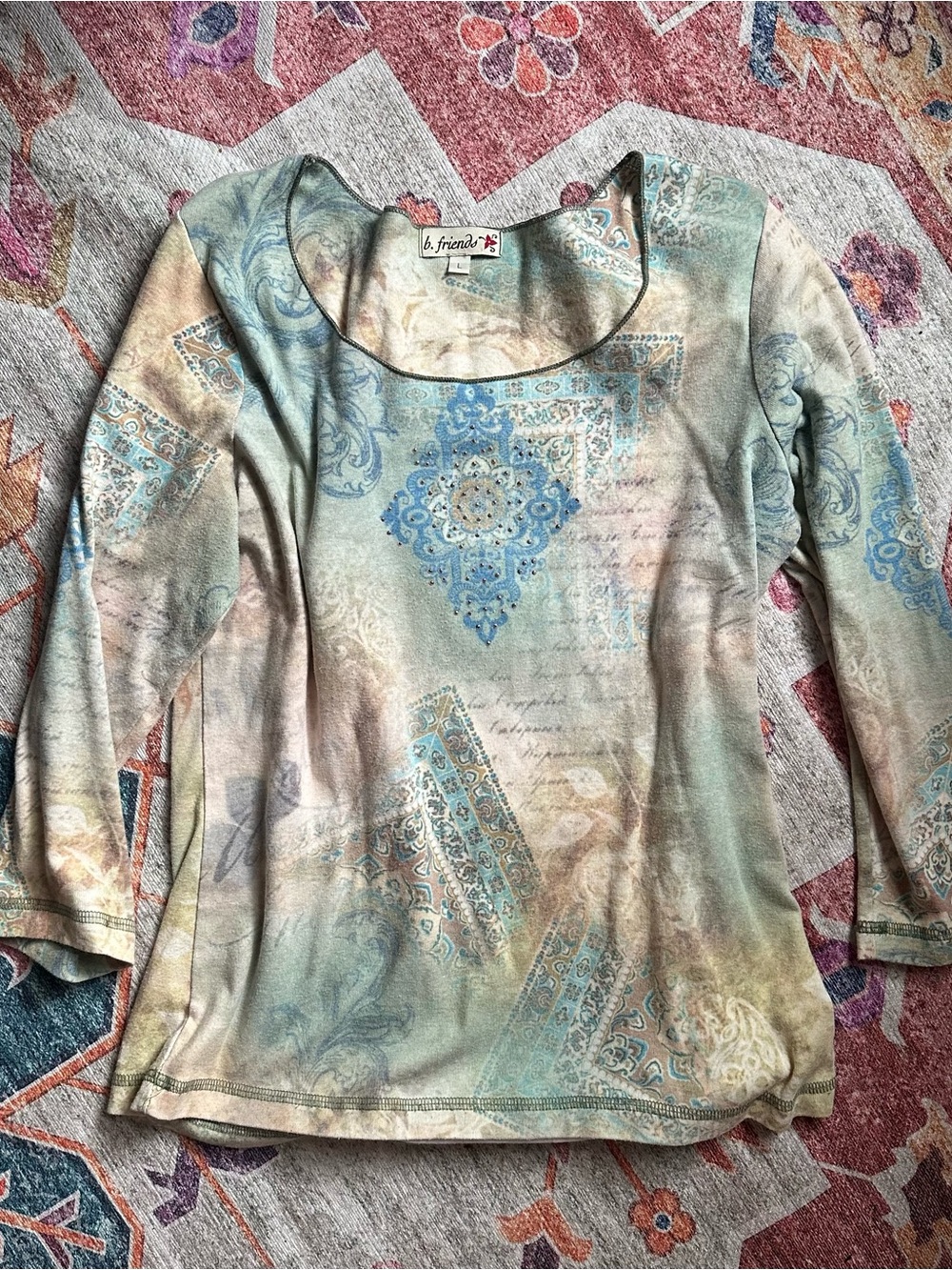 B. Friends Vintage Long Whimsy Script Paisley Print Graphic Long Sleeve Tee